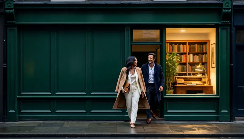 A man in a navy suit and a woman in a camel coat walk out of a green-fronted office at dusk.