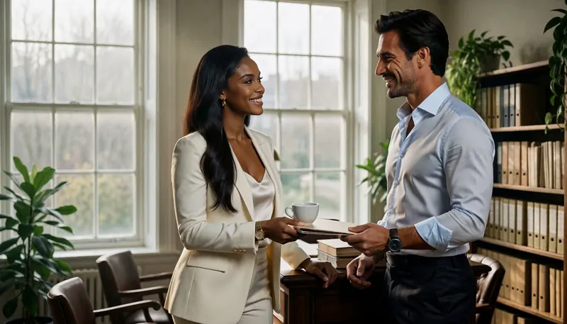 A man in a blue shirt talks with a woman in an ivory suit at a desk in a book-lined office.