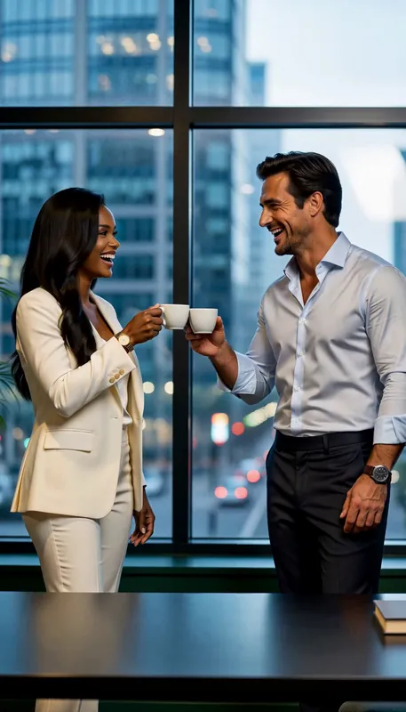 A man in a blue shirt and a woman in an ivory jacket raise coffee cups by a high window over a city.