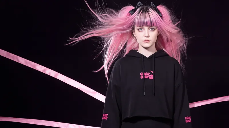 A girl with pink hair flying in a black cropped hoodie, pink light bars crossing the dark behind her.