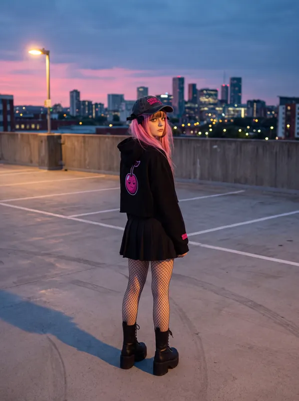 A girl in a cap, black hoodie and pleated skirt stands on a rooftop car park at sunset, the city skyline behind her.