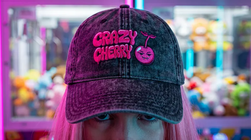 Close on a washed black cap with the Crazy Cherry logo in pink, pink hair either side, claw machines behind.