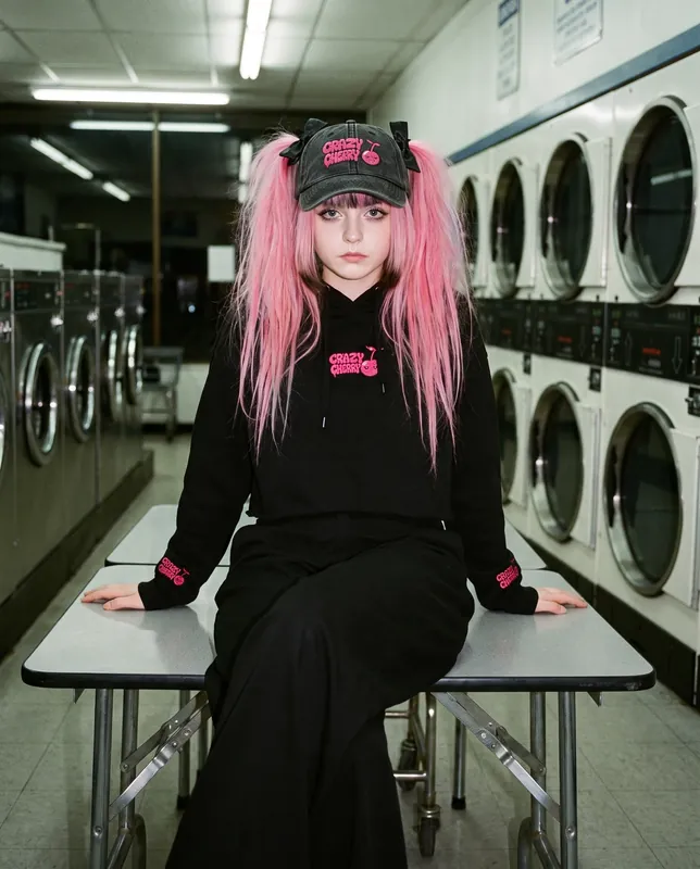 A girl with pink pigtails in a cap and black hoodie sits on a folding table in a launderette.