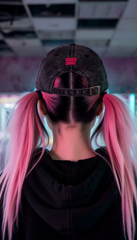 The back of a cap worn over pink pigtails, in an aisle of claw machines.