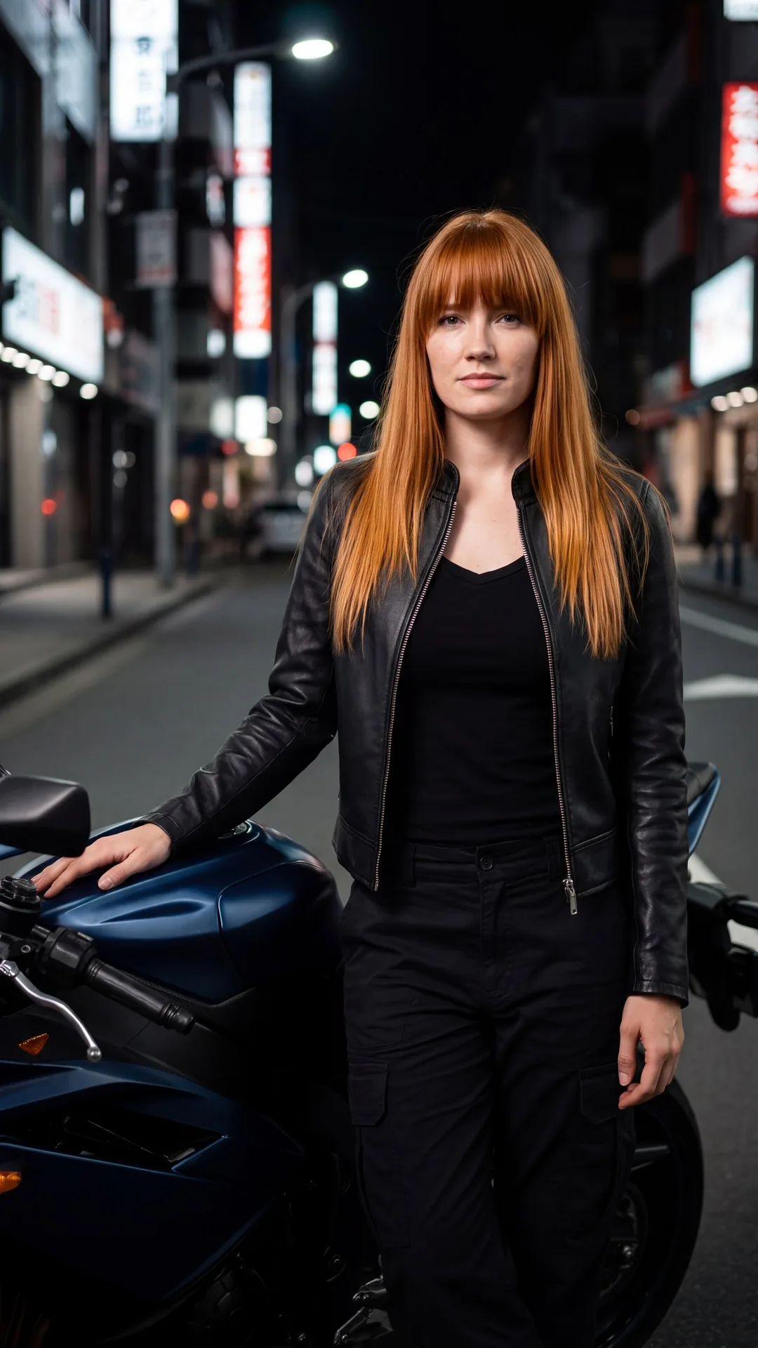 A red-haired woman in a black leather jacket stands beside a dark blue sports bike on a city street at night.