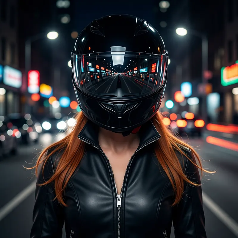 Close on a rider in a black full-face helmet and zipped leather jacket, long red hair over her shoulders, city lights blurred behind.