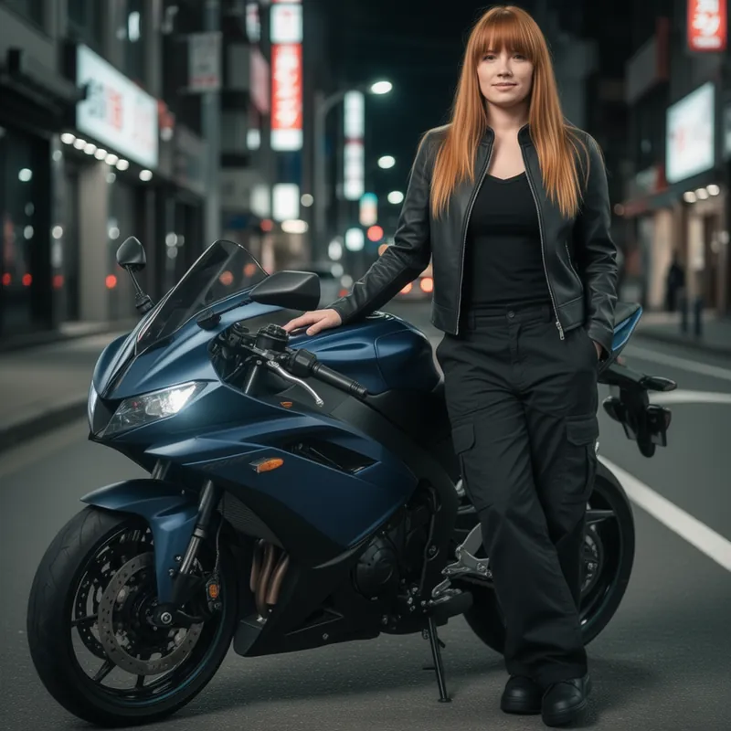 A red-haired woman in a black jacket and trousers stands beside a dark sports bike in a city street at night, one hand on the seat.