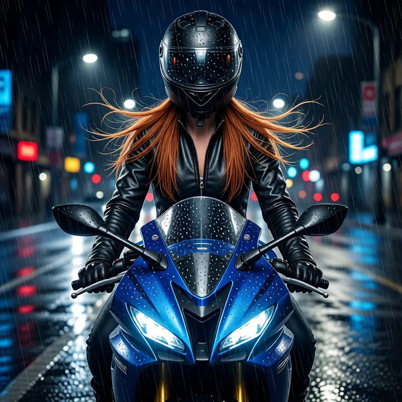 A rider in a black helmet sits astride a blue sports bike in the rain at night, red hair blown out to both sides, headlights on.