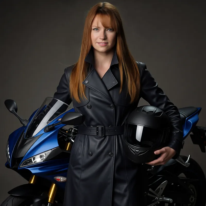 A red-haired woman in a long black leather trench coat stands by a blue sports bike, holding a black helmet at her hip.