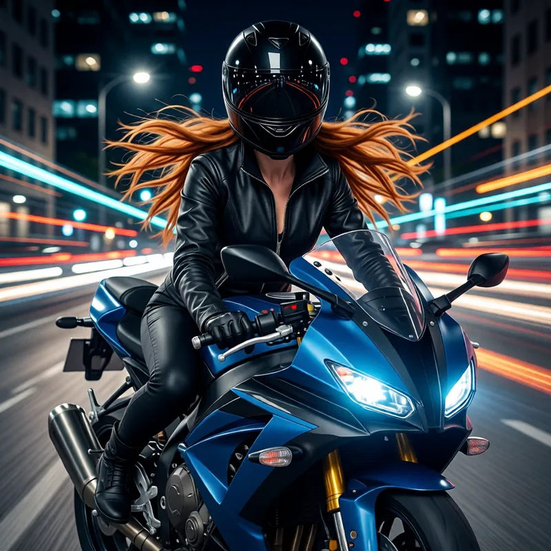 A helmeted rider with long red hair on a blue sports bike, light trails of traffic streaking past on a city road at night.
