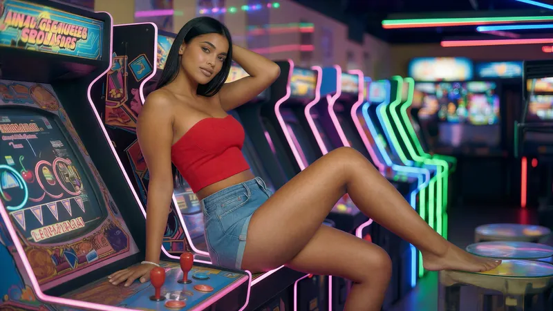 A woman with long black hair in a red top and denim shorts reclines across a row of neon-lit arcade machines.