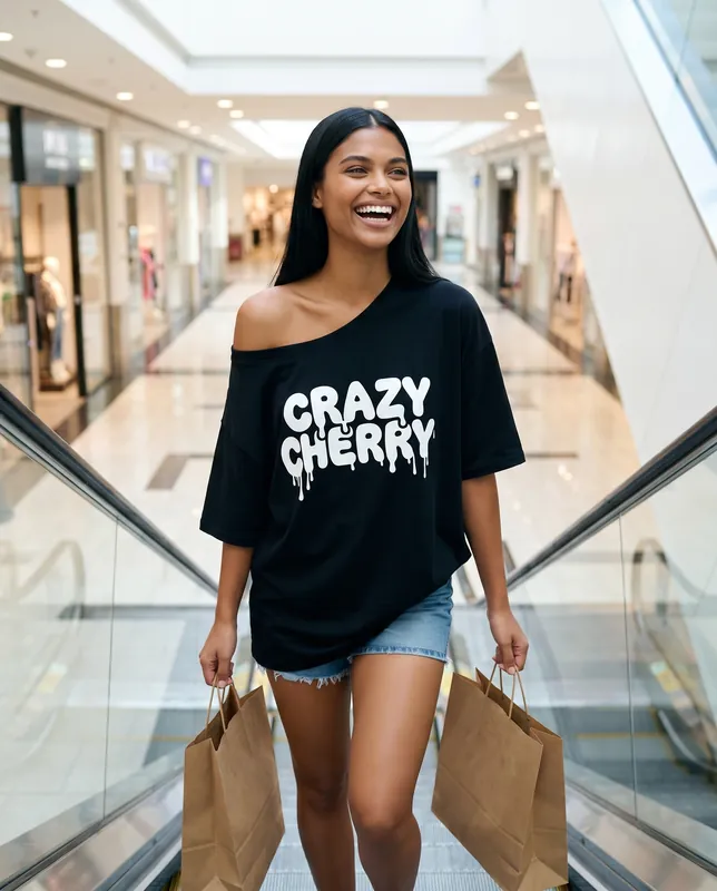 A woman in an oversized black Crazy Cherry tee and denim shorts laughs on a mall escalator with shopping bags.