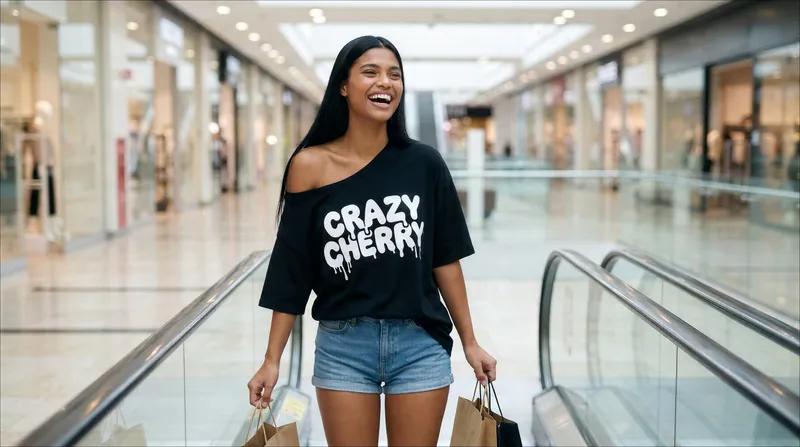 A woman in an oversized black tee rides a mall escalator carrying shopping bags.