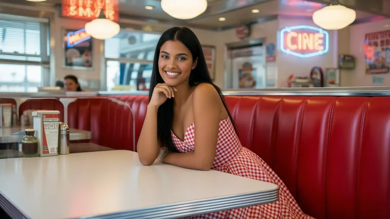 A woman with long black hair in a red gingham dress sits in a red diner booth.