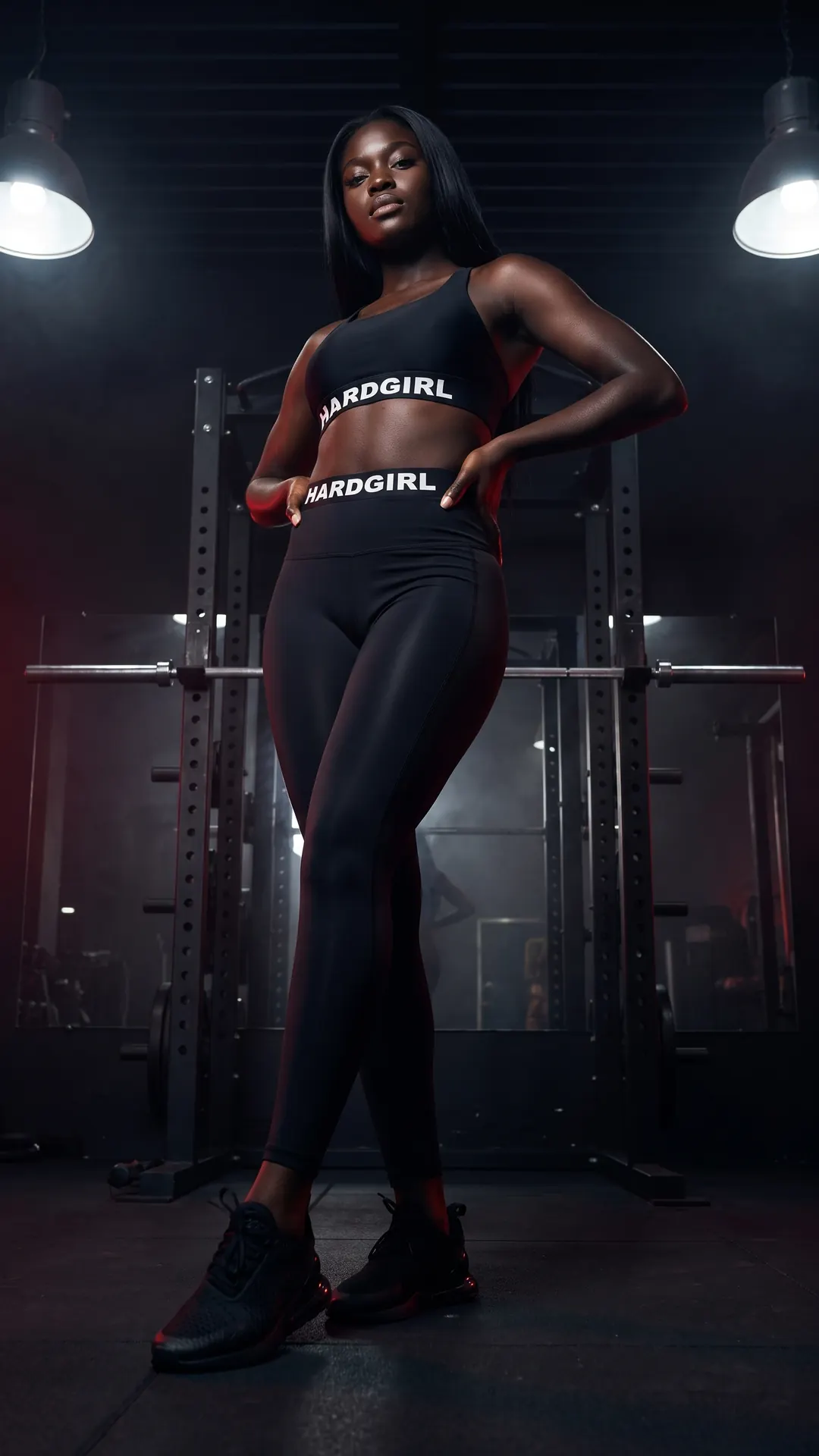 A woman in black training kit walks through a dark gym, a single lamp behind her.
