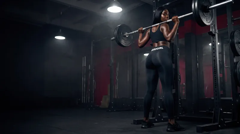 A woman stands at a squat rack with a loaded barbell on her shoulders, seen from the side.