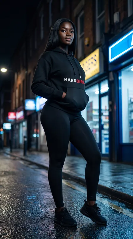 A woman in a black hoodie and leggings stands on a wet street at night beside a row of lit shopfronts.