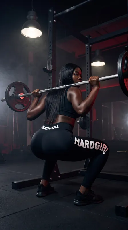 A woman holds the bottom of a squat with a barbell on her back in a dark gym.