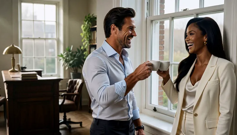 A woman in an ivory jacket and a man in a blue shirt laugh over coffee by an office window.