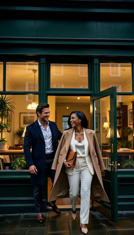 A woman in a camel coat and a man in a navy suit step out of a green shop doorway in the evening.